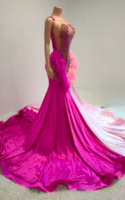 Two-tone rose red and pink feather rhinestone ball gown prom dress for women.