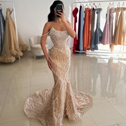 2025 Elegant Champagne Cocktail Dresses With Pearls Strapless Sexy Prom Dress