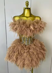 Sexy Backless Strap Mesh Fluffy Skirt 2 Pieces Diamond Sequins