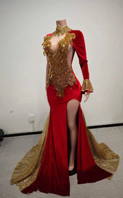 Elegant Red With Gold Crystal Rhinestones Train Prom Dress with High-Neck Choker
