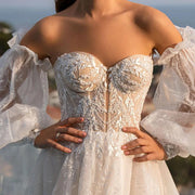 Shiny Sweetheart Puff Sleeve A-Line Wedding Dress 2024