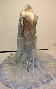 Ethereal Silver Crystal Mermaid Gown with Halter Bodice and Detachable Hooded Cape