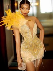 Gold Sparkle Mini Cocktail Birthday Dress With Feathers