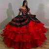 Vintage Black And Red Organza Charro Quinceanera Dress with Ruffles