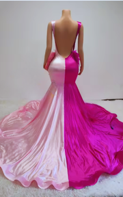 Two-tone rose red and pink feather rhinestone ball gown prom dress for women.