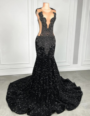 Black Rhinestones Luxury Beaded Sexy Mermaid Sequin Prom Dress