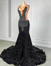 Black Rhinestones Luxury Beaded Sexy Mermaid Sequin Prom Dress