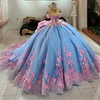 3d Flower appliques Blue Beaded Crystals Quinceanera Dress