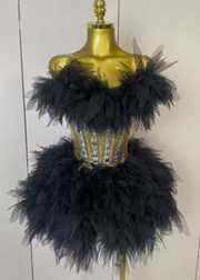 Sexy Backless Strap Mesh Fluffy Skirt 2 Pieces Diamond Sequins