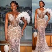 Sexy Mermaid One Shoulder With Feathered Sequined Rhinestones Prom Dress