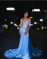 Luxury Sky Blue Elegant Crystal Beaded Long Prom Dress
