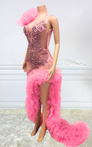 Pink beaded tulle evening gown with rhinestone accents, layered ruffle skirt, and high slit – glamorous prom and ball gown dress for women