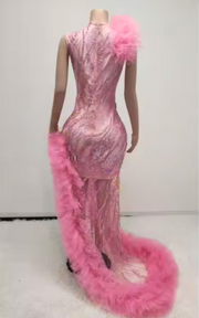 Pink beaded tulle evening gown with rhinestone accents, layered ruffle skirt, and high slit – glamorous prom and ball gown dress for women