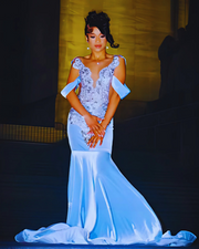 Luxury Sky Blue Elegant Crystal Beaded Long Prom Dress