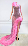 Pink beaded tulle evening gown with rhinestone accents, layered ruffle skirt, and high slit – glamorous prom and ball gown dress for women
