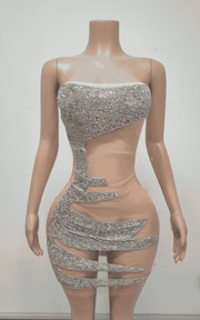 Rhinestone Illusion Halter Bodycon Birthday Dress With Scalloped Crystal Detail