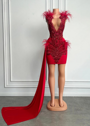 Luxury Red Diamond Sexy Sheer Neck Feather with Side Train Birthday Dress