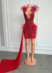 Luxury Red Diamond Sexy Sheer Neck Feather with Side Train Birthday Dress