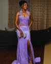 2025 Glitter Luxury See Through Corset Sexy Split Lilac Purple Diamond Prom Dress