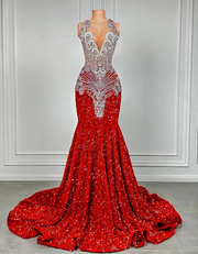 Luxury Silver Crystal Beaded  Sparkly Red Sequin Mermaid Prom Dresses 2025