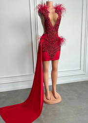 Luxury Red Diamond Sexy Sheer Neck Feather with Side Train Birthday Dress