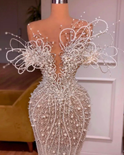 Shiny pearls beaded sequin prom dress elegant sparkly gown for women.