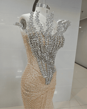Champagne Nude Crystal Fringe Mesh Mermaid Gown