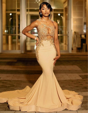 Luxury Gold Sparkly Beaded Applique Sleeveless Glitter Mermaid Prom Dress