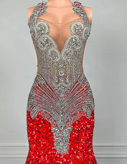 Luxury Silver Crystal Beaded  Sparkly Red Sequin Mermaid Prom Dresses 2025