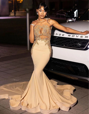 Luxury Gold Sparkly Beaded Applique Sleeveless Glitter Mermaid Prom Dress