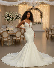 Elegant mermaid wedding dress featuring a deep illusion V-neckline, delicate lace straps, intricate beaded embroidery on the bodice, and a smooth flared skirt with a flowing chapel-length train in soft ivory.