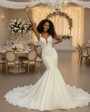 Elegant mermaid wedding dress featuring a deep illusion V-neckline, delicate lace straps, intricate beaded embroidery on the bodice, and a smooth flared skirt with a flowing chapel-length train in soft ivory.