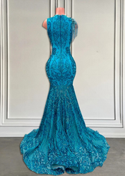 Sparkly Lace Peacock Blue Prom Dress Long 2025 with Tassels