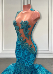 Sparkly Lace Peacock Blue Prom Dress Long 2025 with Tassels