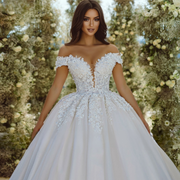 A Line Boat Neck Wedding Dresses Floor Length Beaded Lace Appliques Bridal Gowns with Cathedral Train