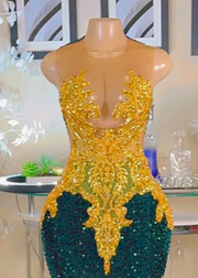 Green Long Prom Dress with Gold Luxury Crystals 2025