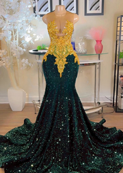 Green Long Prom Dress with Gold Luxury Crystals 2025
