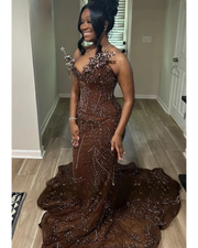 Brown sparkling crystal beading mermaid prom dress floor-length elegant gown.