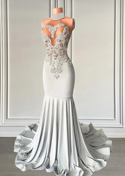 2025 Elegant High Neck Mermaid Silver Beaded Applique Prom Dress