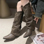 Slip On Cowgirl Boots Elegant Square Low Heel Long Boots