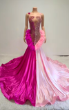 Two-tone rose red and pink feather rhinestone ball gown prom dress for women.