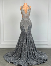 Luxury Silver Crystal Beaded  Sparkly Red Sequin Mermaid Prom Dresses 2025