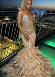 Sheath Dazzling Crystals Feathered Mermaid Prom Dress