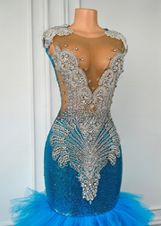Sparkly Rhinestone Tiered Ruffle Blue Mermaid Prom Dress