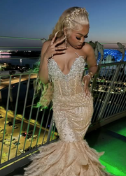 Sheath Dazzling Crystals Feathered Mermaid Prom Dress