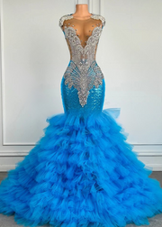Sparkly Rhinestone Tiered Ruffle Blue Mermaid Prom Dress