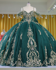 Emerald Green And Gold Lace Appliqué Ball Gown With Beaded Fringe Sleeves