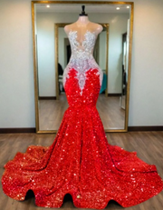 Red Bead Crystal Long Prom Dress Sequin Formal Gown