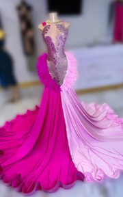 Two-tone rose red and pink feather rhinestone ball gown prom dress for women.