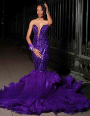 Purple Sweetheart Sequin Feathered Mermaid Prom Dresses 2025